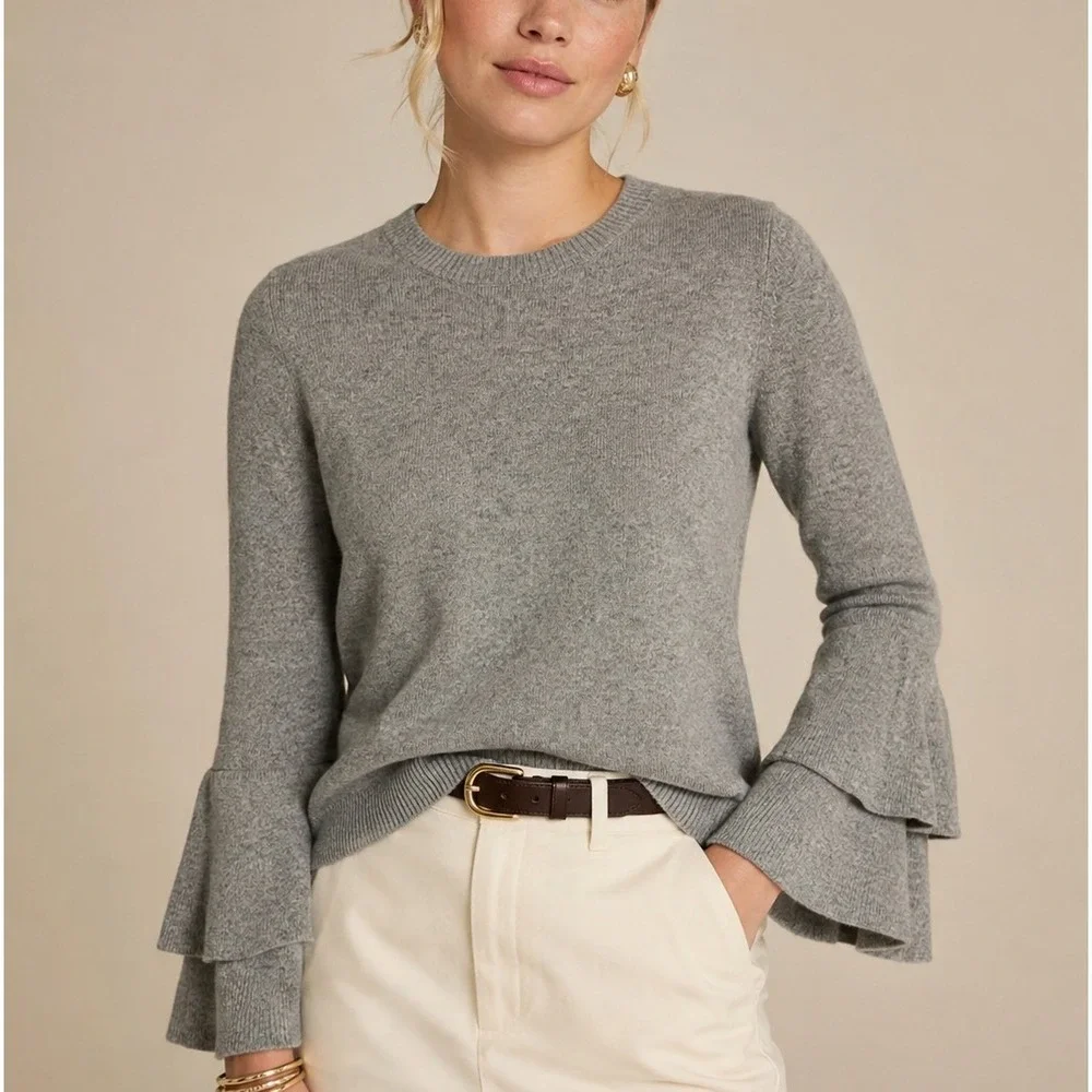 J.Crew Small Sweater Gray Tiered Bell Sleeve Crew Neck Heathered Knit Pullover